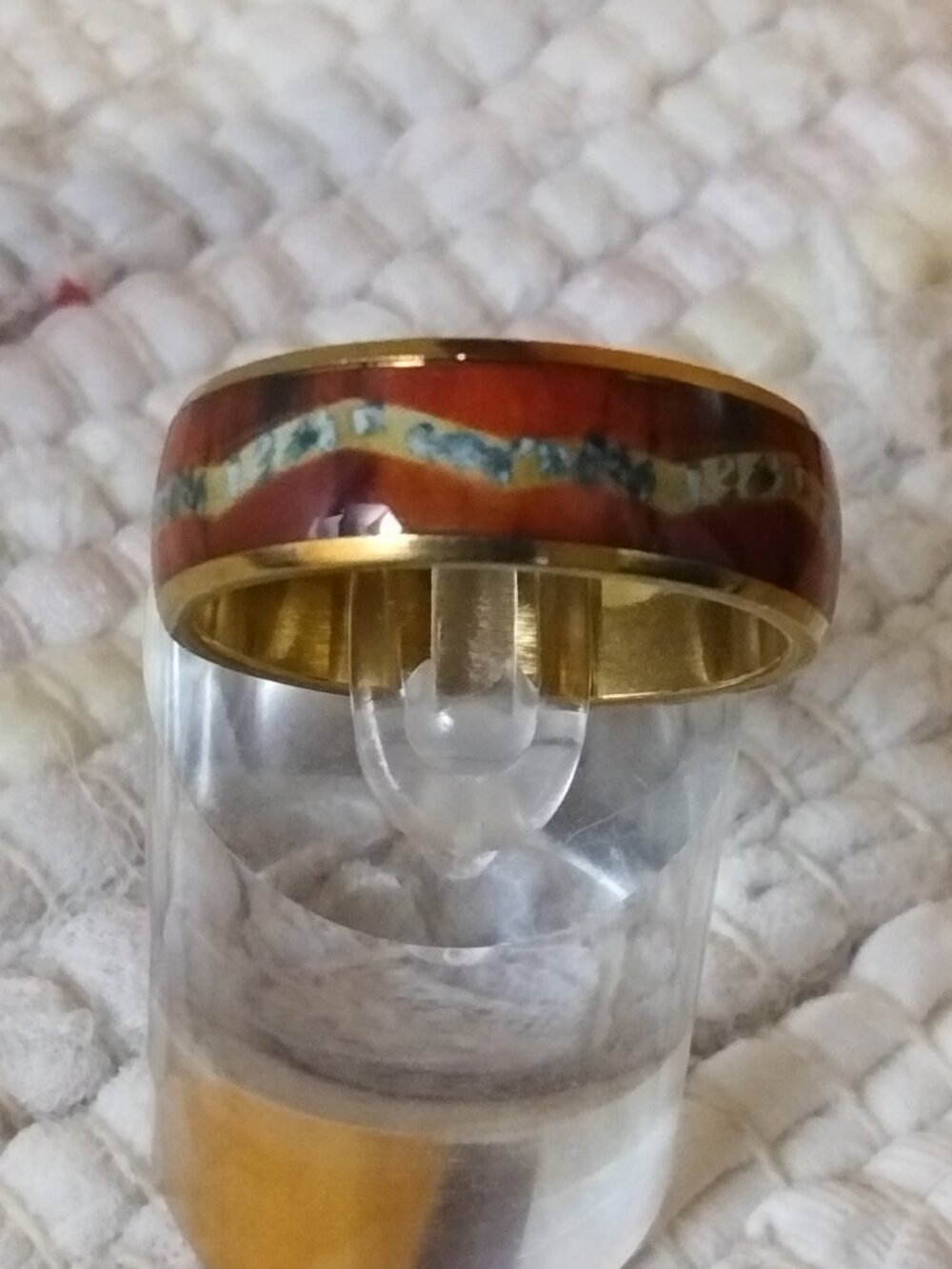 New, Size 12, Red Wood W/ Multicolor Wave, 8 mm Gold Stainless Steel Band